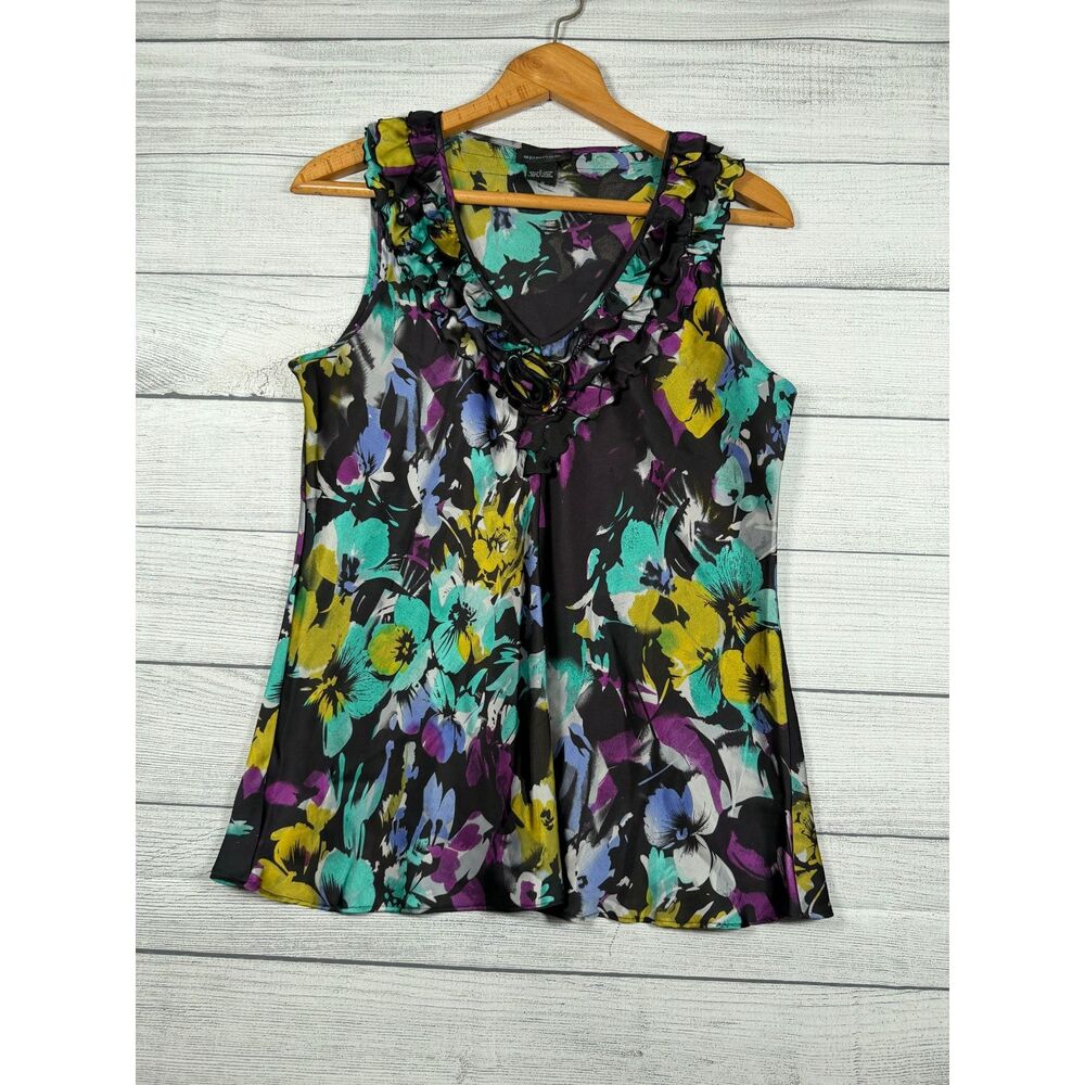 Spense Womens Large Black Multicolor Floral Ruffle Sleeveless Blouse 4139